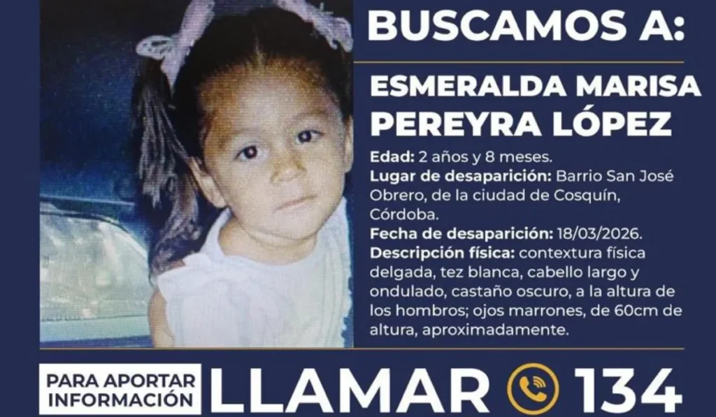 Activan la Alerta Sofía por la desaparición de una menor de dos años en Córdoba
